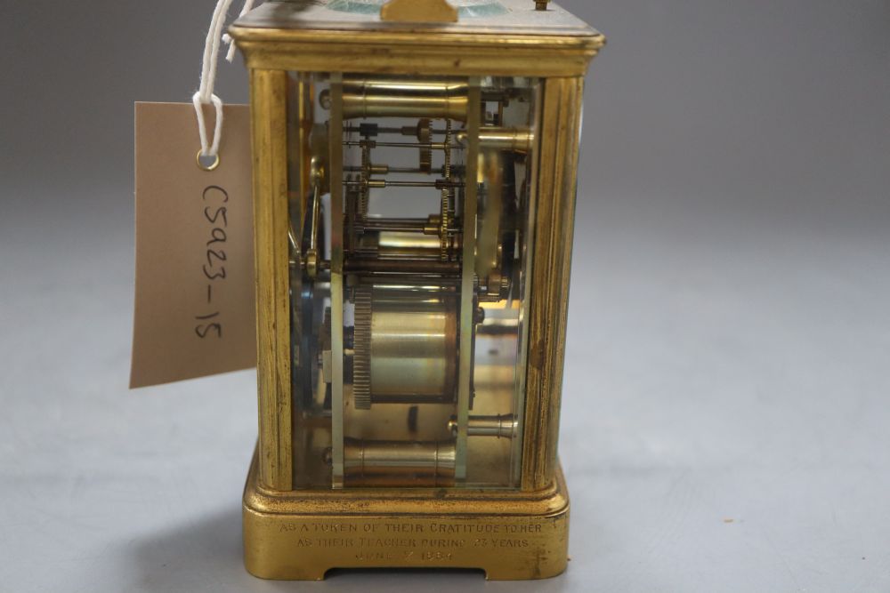 An early 20th century lacquered brass carriage timepiece, height 12cm